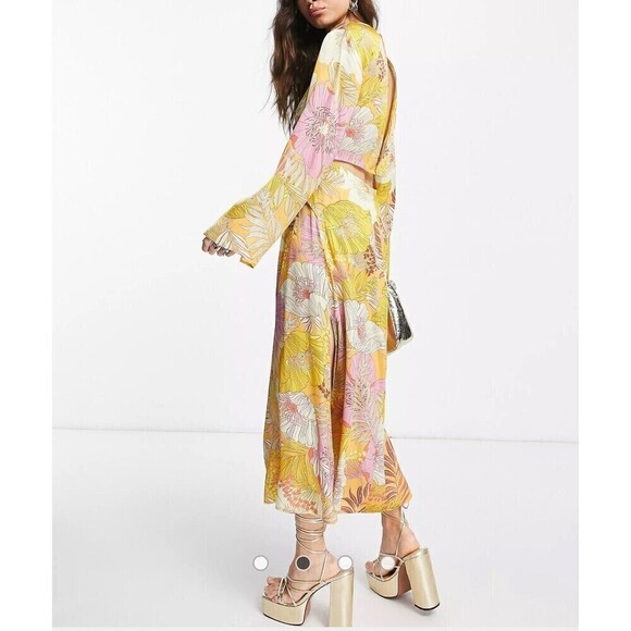 Topshop Tropical Floral Cut Out Midi Dress Flowy Occassion Multi Yellow Pink 10 - Picture 2 of 16